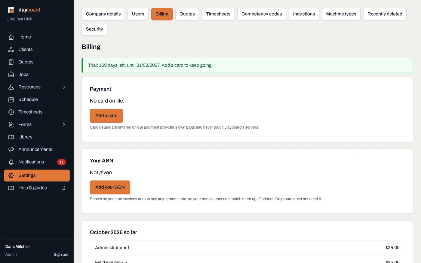 The Dayboard billing page: the Payment panel with a saved card, and the month-so-far estimate below it