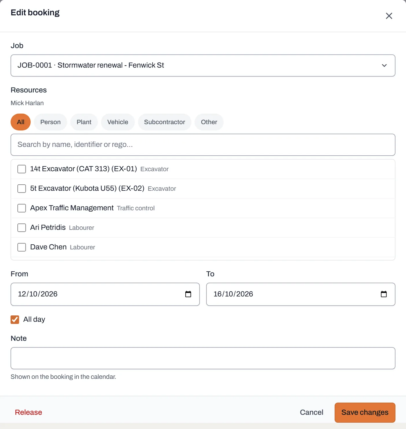 The Edit booking dialog open on an existing booking, with Save changes and Release buttons