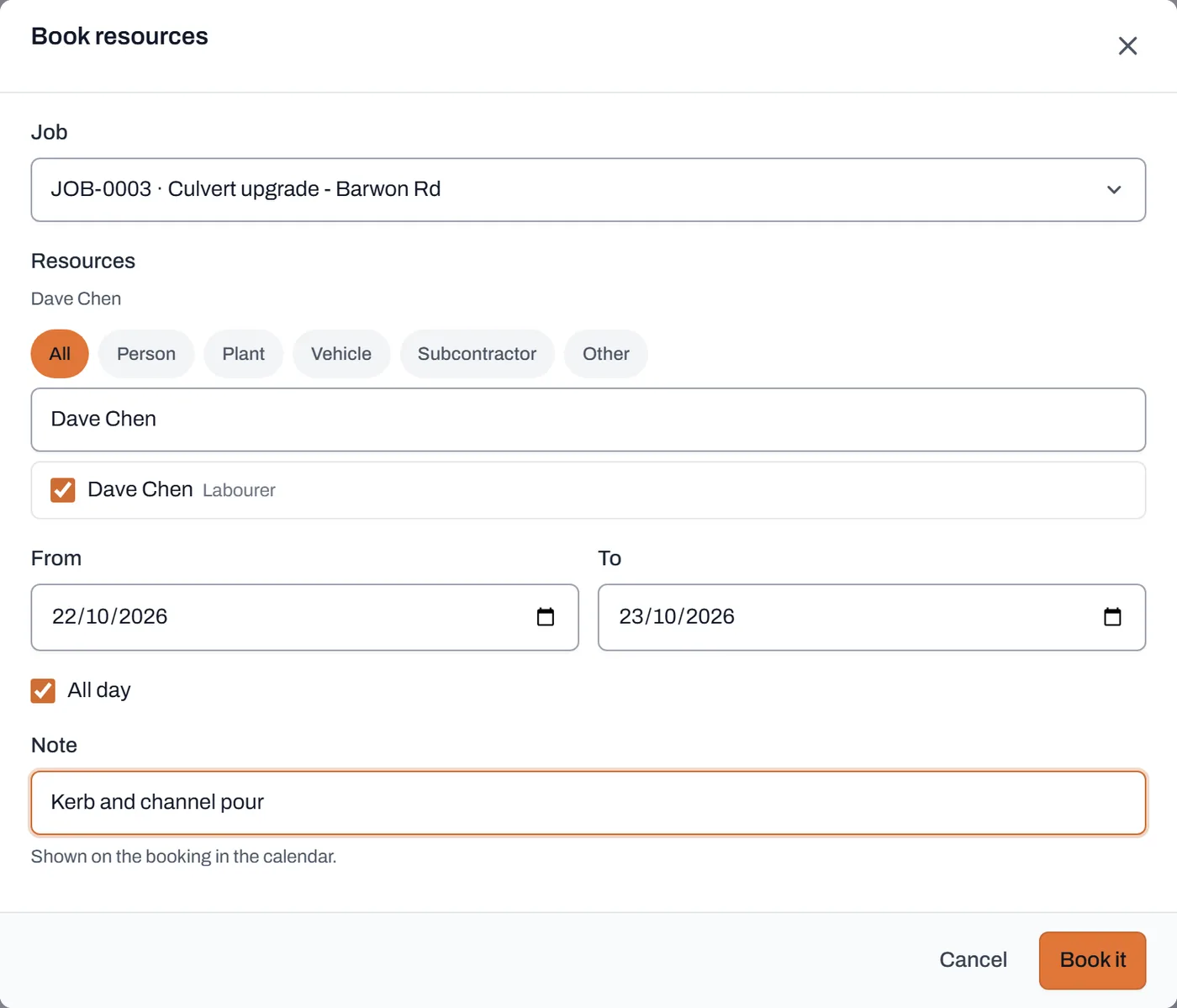 The Book resources dialog with a job picked, a person ticked, two days and a note filled in