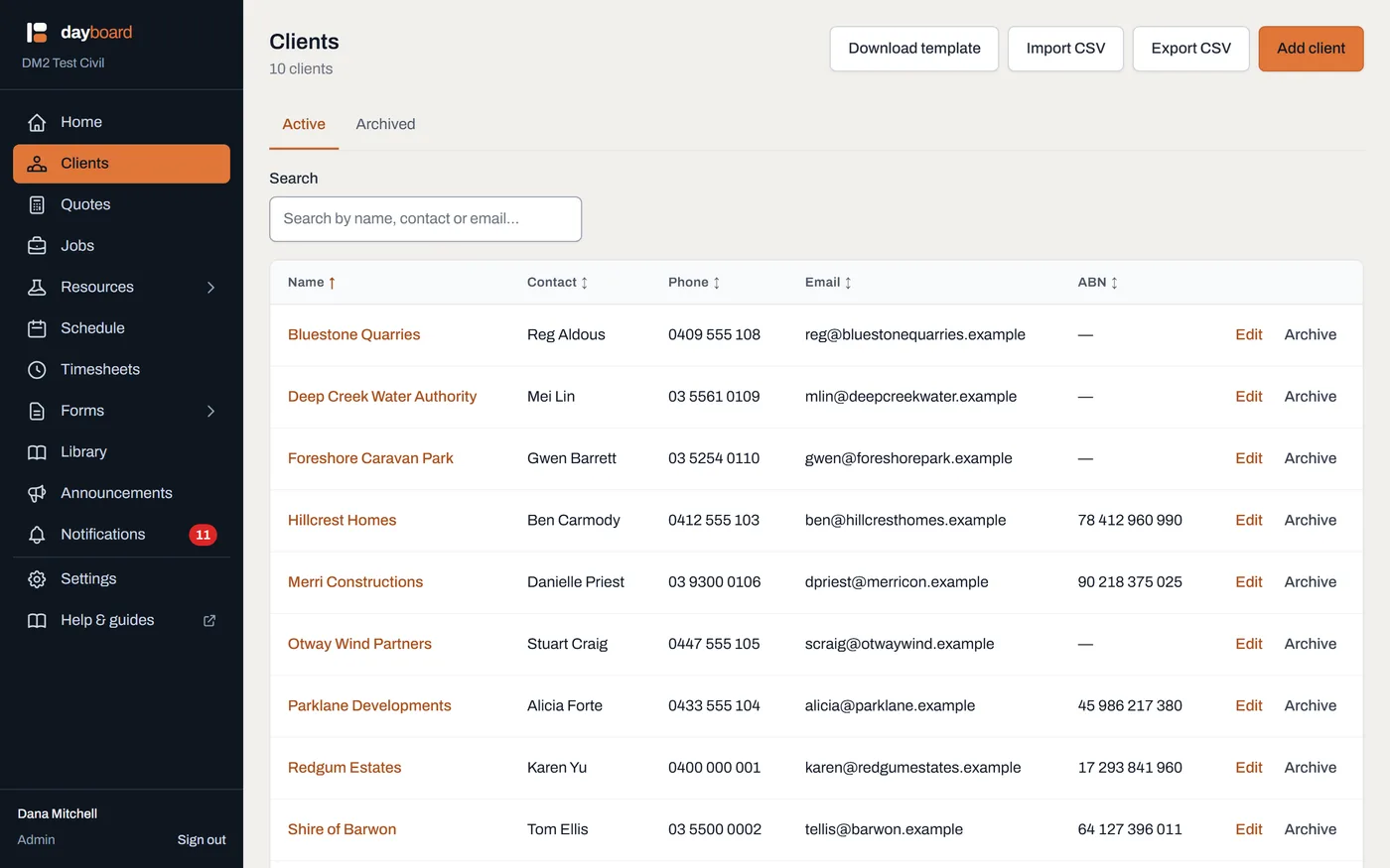 The Clients page with the client count, the Active and Archived tabs, the ABN column, and Download template, Import CSV, Export CSV and Add client buttons