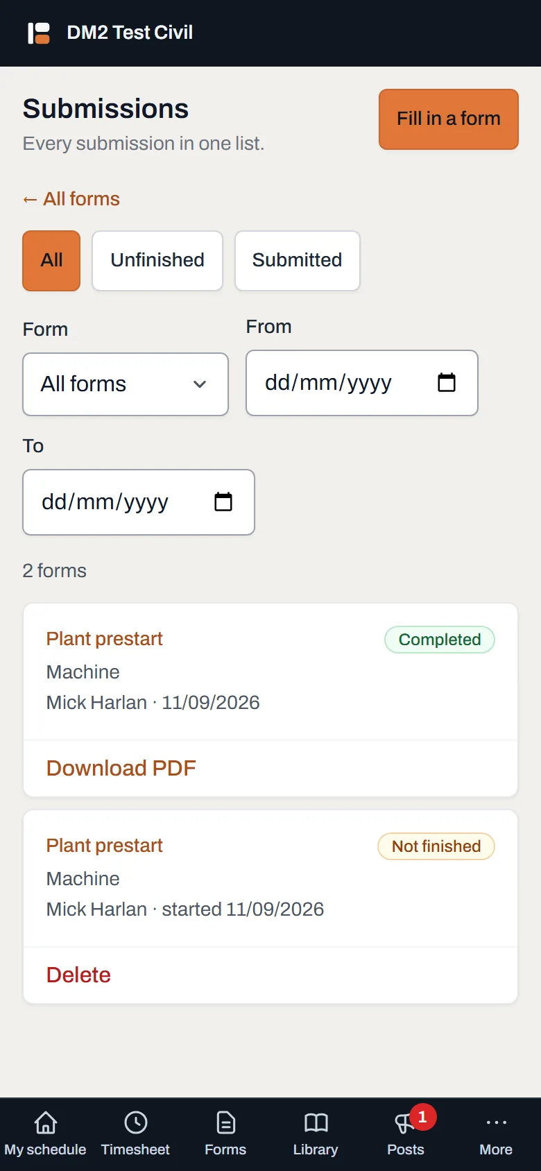 The Forms list on a phone, with completed prestarts and their dates