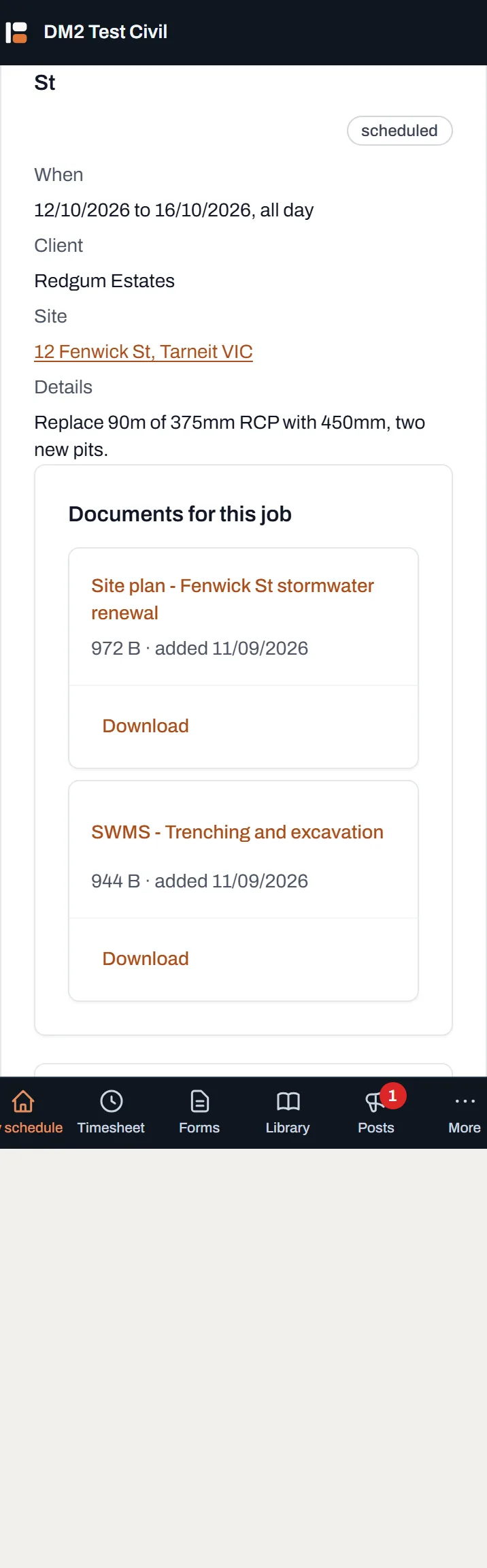 The Documents for this job panel on a phone, listing a site plan, SWMS and traffic management plan, with the site photos section below