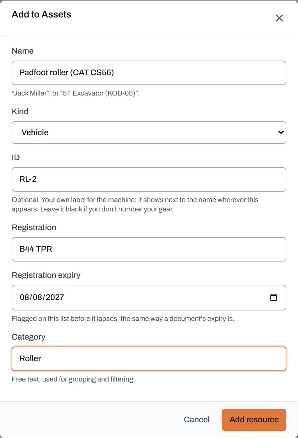The Add to Assets dialog with a roller's name, kind, ID, registration and expiry date filled in