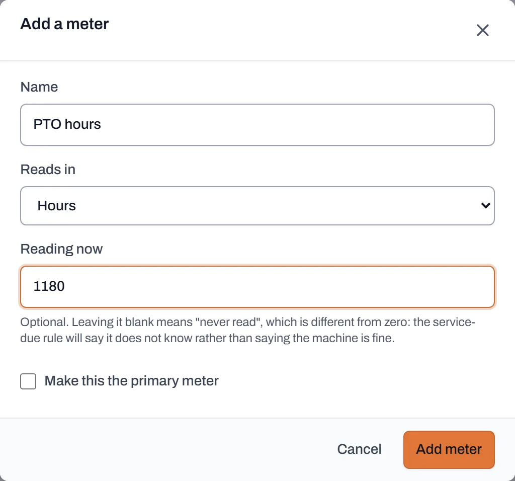 The Add a meter dialog with a name, the unit it reads in, and an opening reading typed in