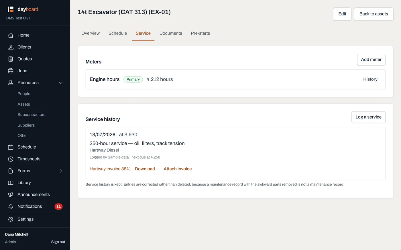 A machine's page showing its overview, meters with current readings, and service history in one scroll