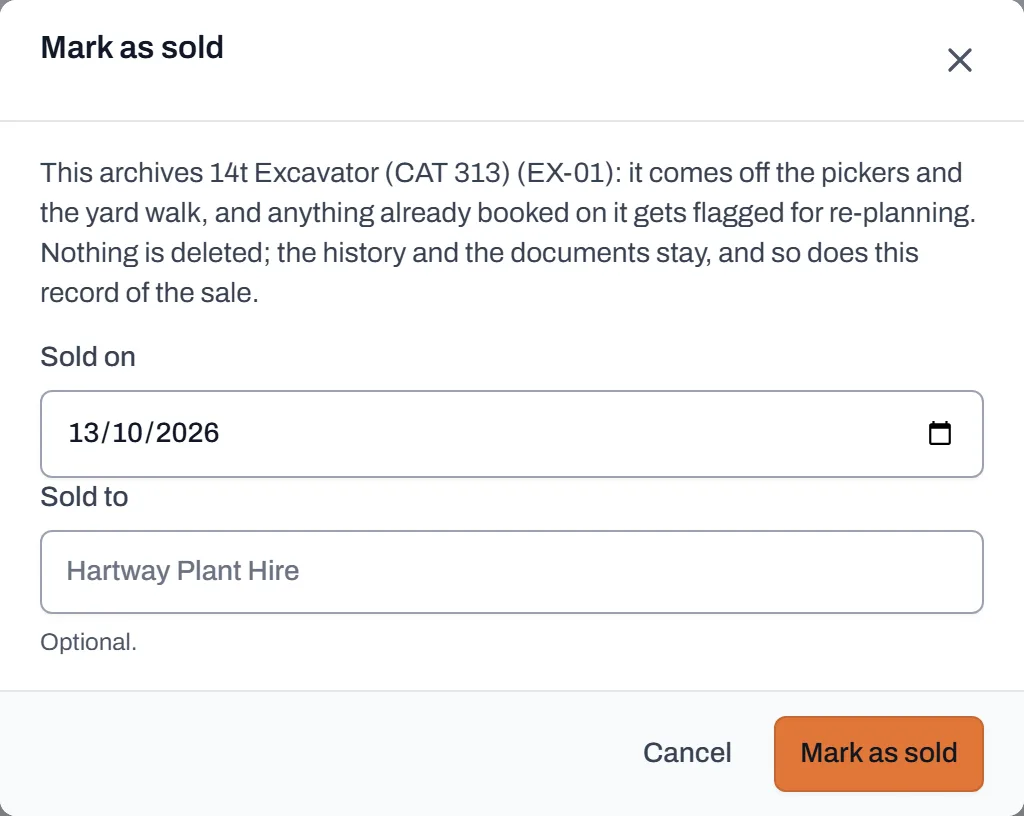 The Mark as sold dialog, explaining that the machine is archived and its history and documents are kept