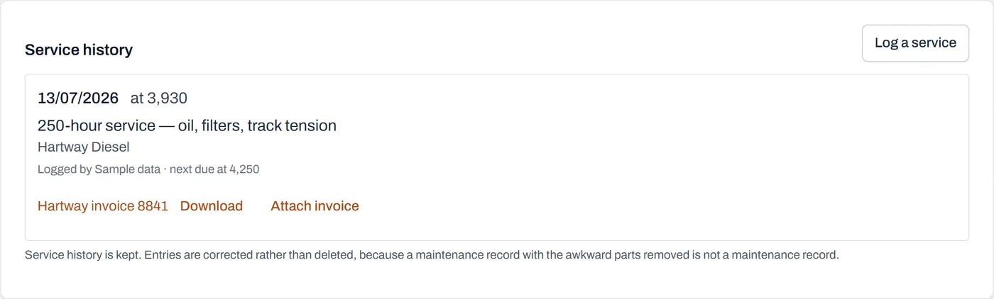 The Service history panel showing a logged 250-hour service with its date, reading, provider and next-due target, and the invoice filed against it