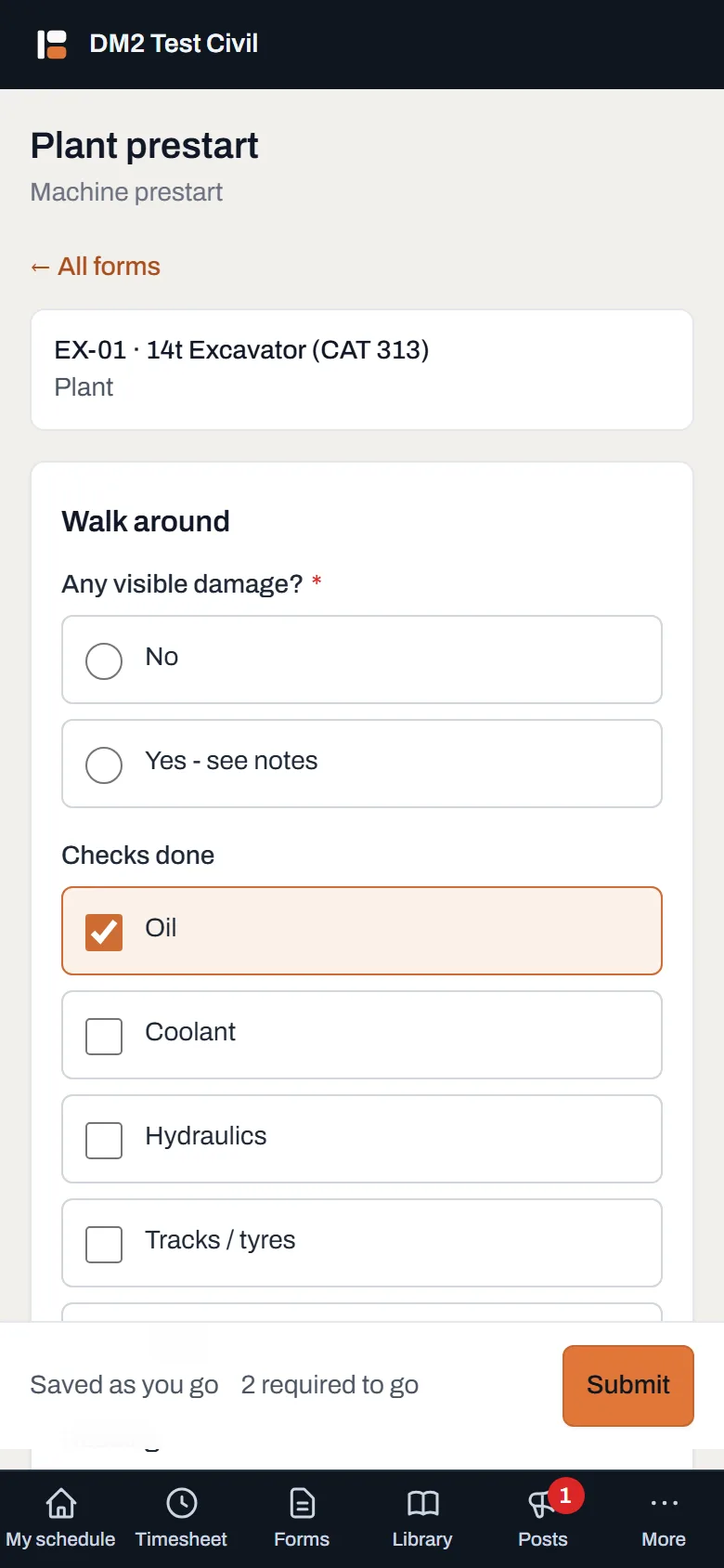 A Plant prestart part-filled on a phone, showing checklist answers, the photo counter, the signature pad and the Saved as you go footer