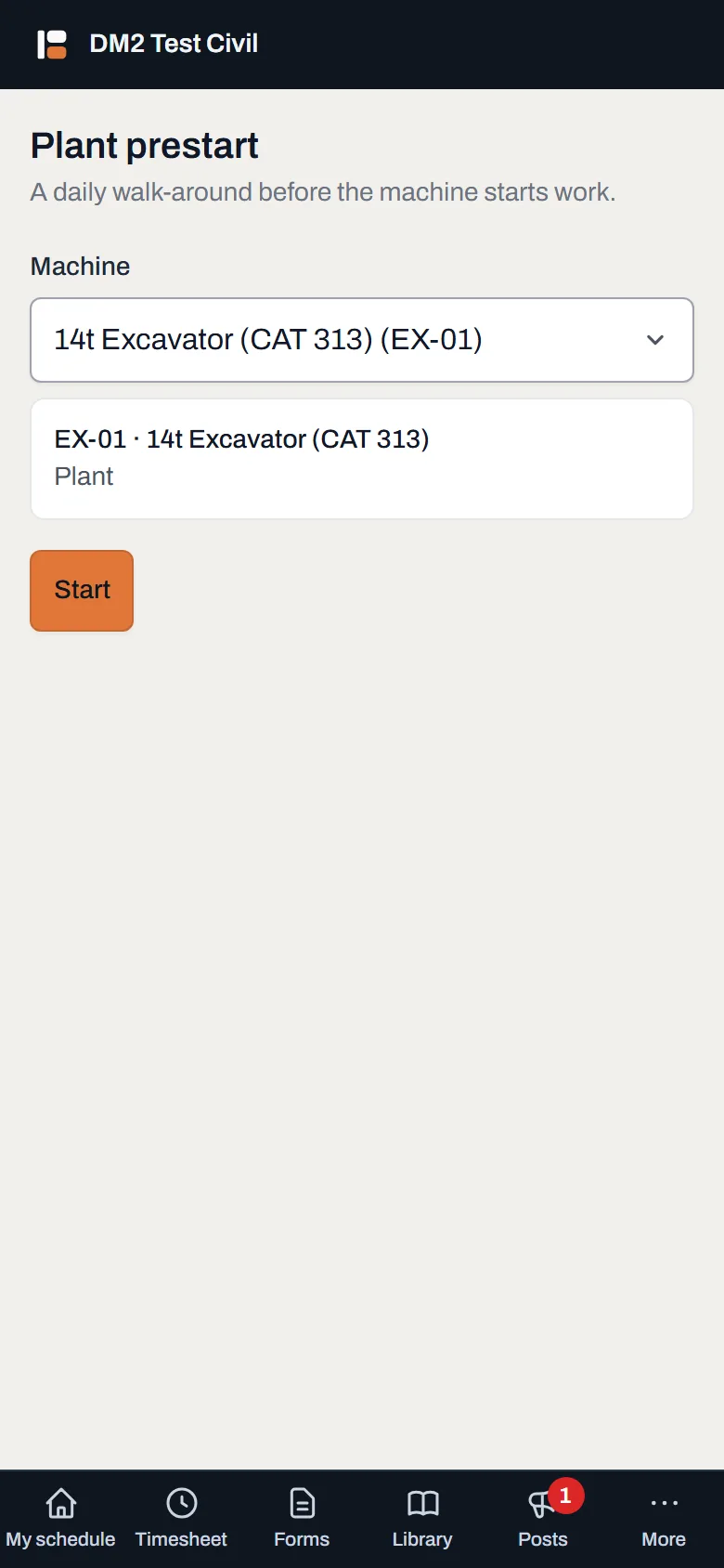 The Fill in a form screen on a phone, with the Plant prestart and the excavator picked, ready to start
