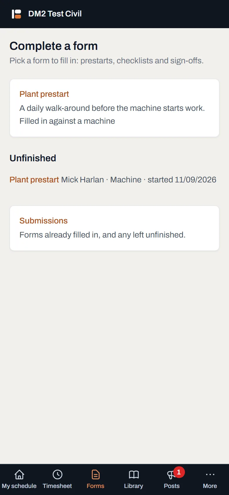 The Forms tab on a phone listing the published forms themselves, ready to tap