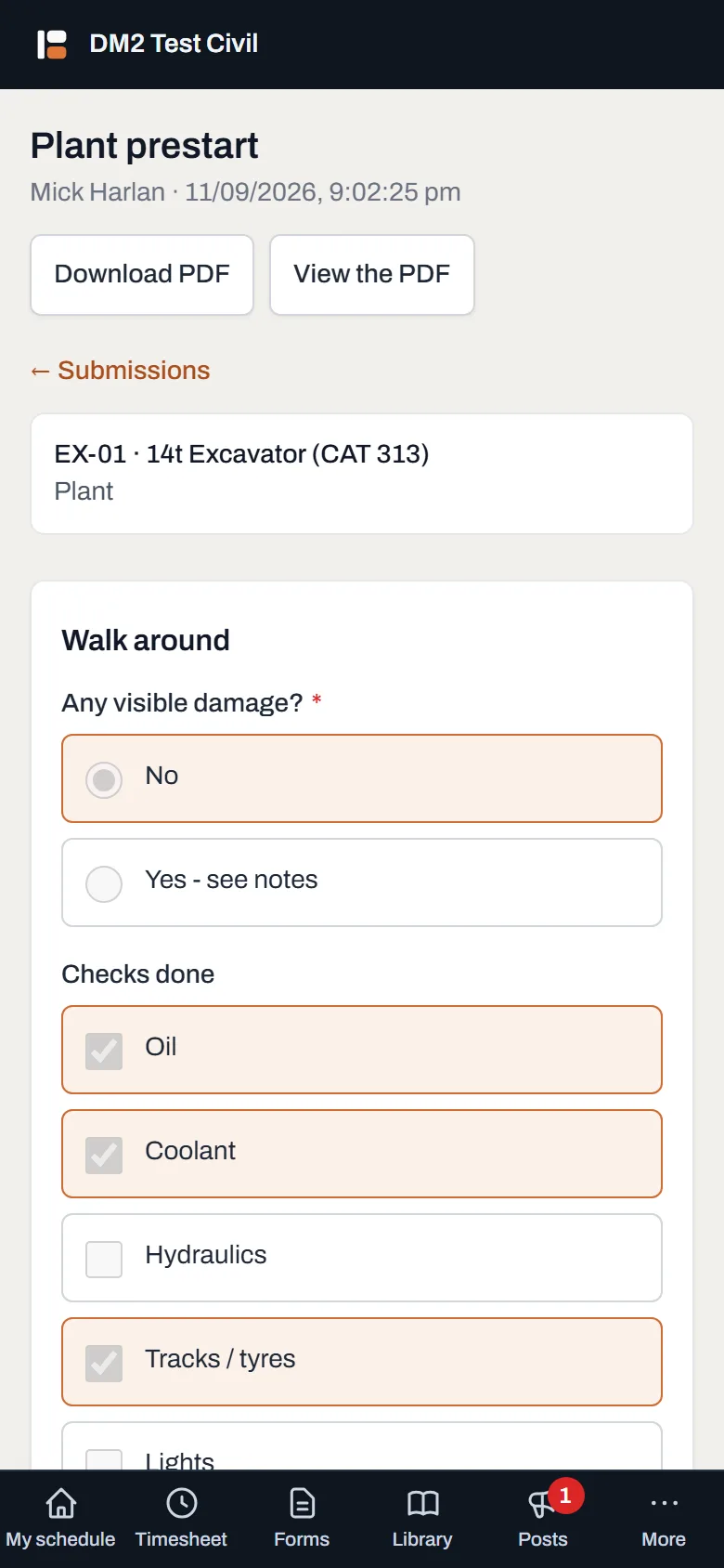 An older completed prestart on a phone, unchanged by later edits to the form