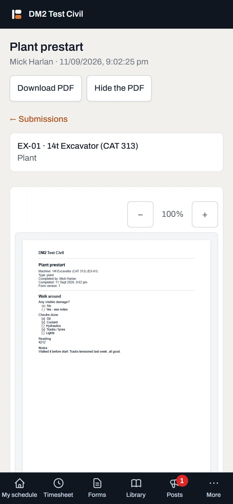The completed prestart's PDF shown in the page on a phone, with zoom controls