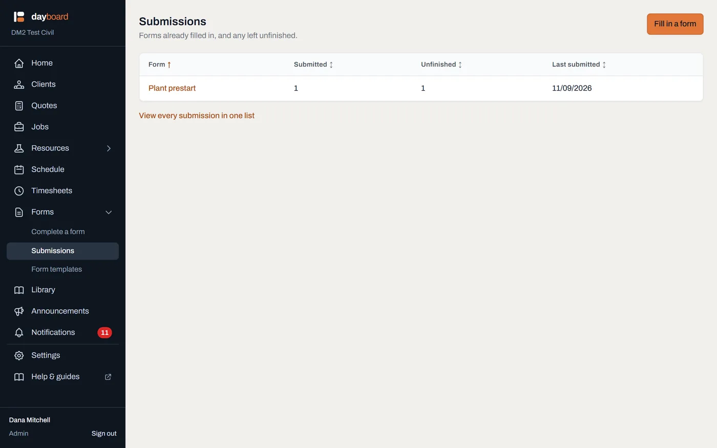 The Forms list on a desktop, a manager's view of every submission across the crew