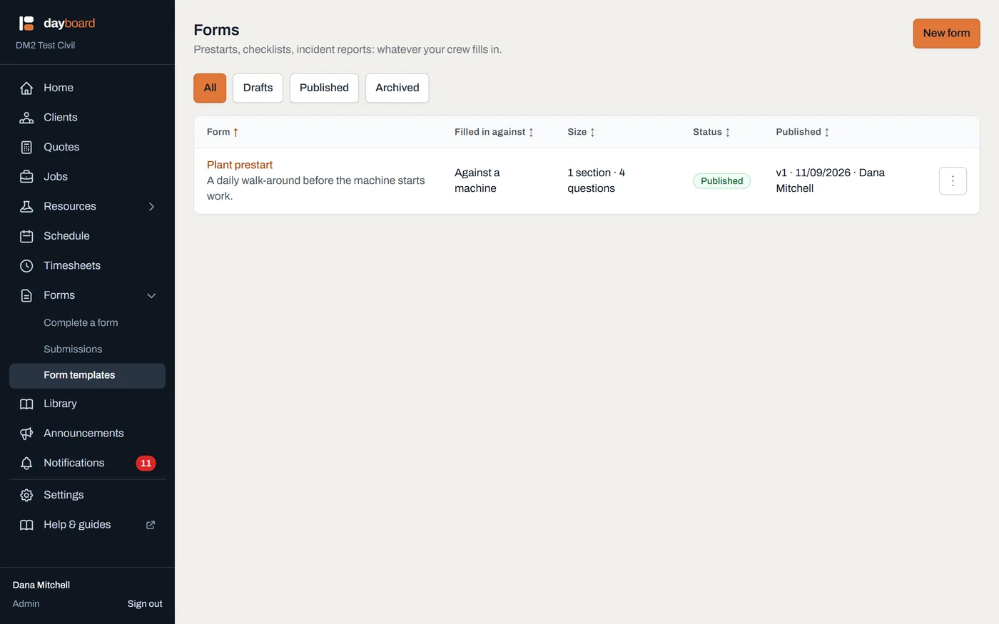 The Forms templates list showing a published Plant prestart with its version number