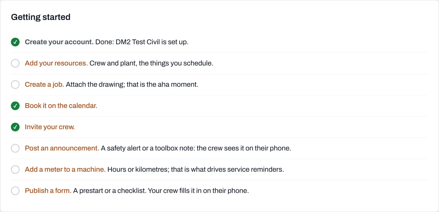 The Getting started checklist on Home: eight steps with green ticks against the ones already done