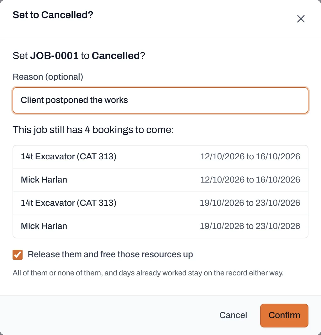 The cancel confirmation with an optional reason filled in and the future bookings listed below it