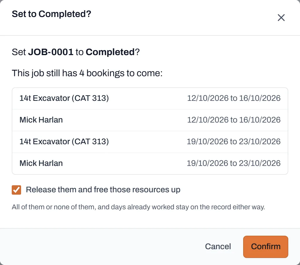 The dialog asking to set the job to Completed, listing the bookings still to come with a tick box to release them
