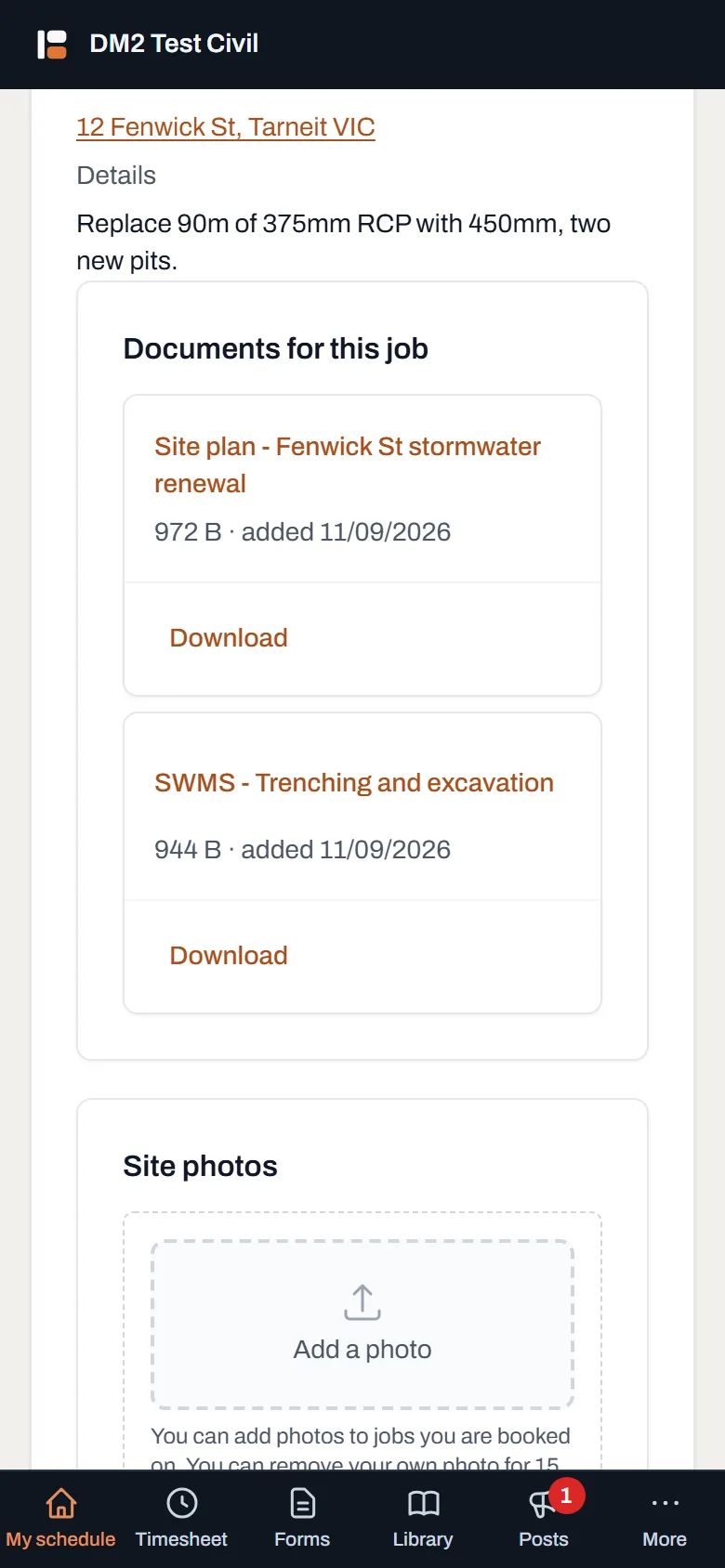 A field worker's phone showing the job's documents listed under Documents for this job on My schedule