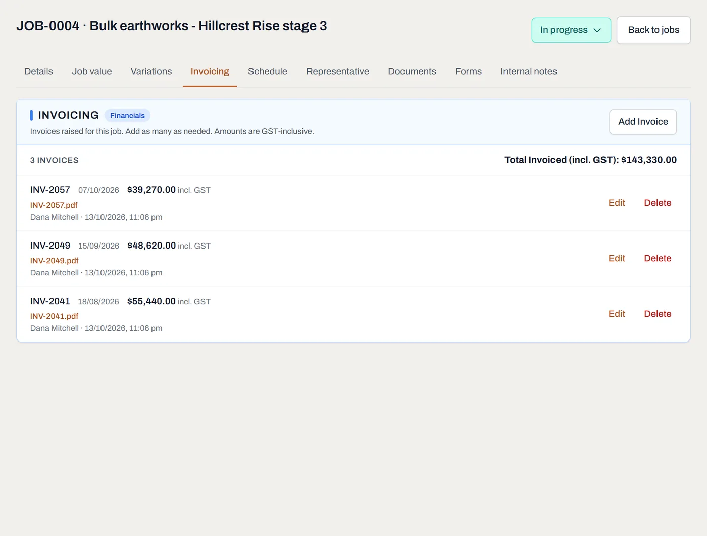 The Invoicing tab listing three invoices with their amounts, dates and PDFs, and the total invoiced