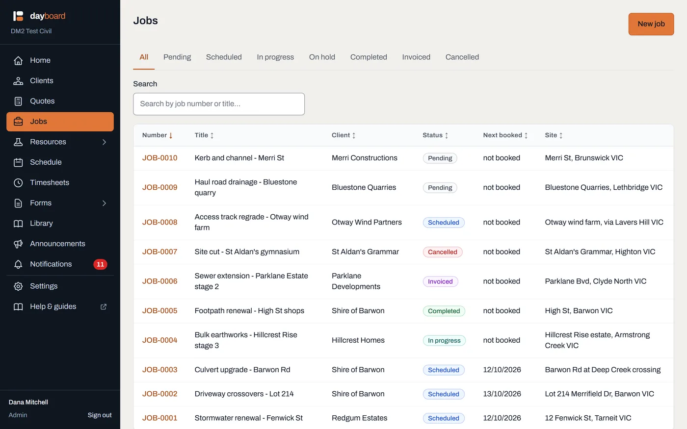 The Jobs list showing job numbers, titles, clients, status badges and the next booked date