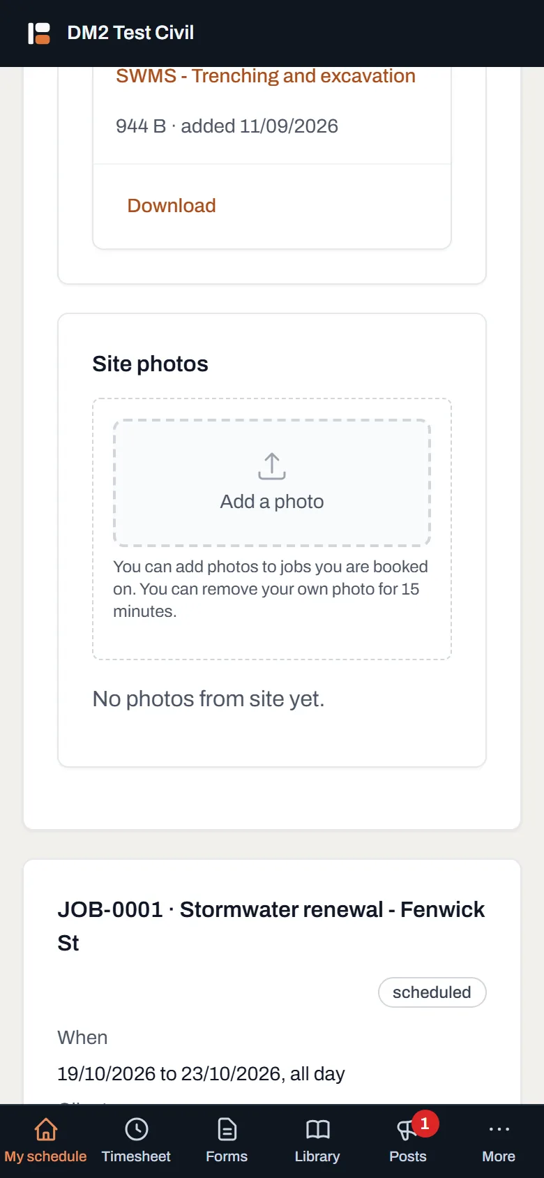 A field worker's phone showing the Add a photo button on their job, with the Site photos group below it