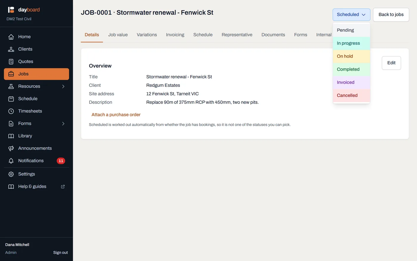 The status menu open on a job page, offering the statuses you can pick