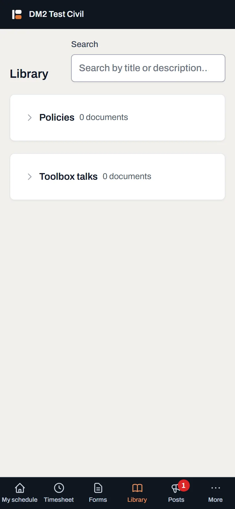 The Library on a phone as a field worker sees it: sections of company documents, ready to open