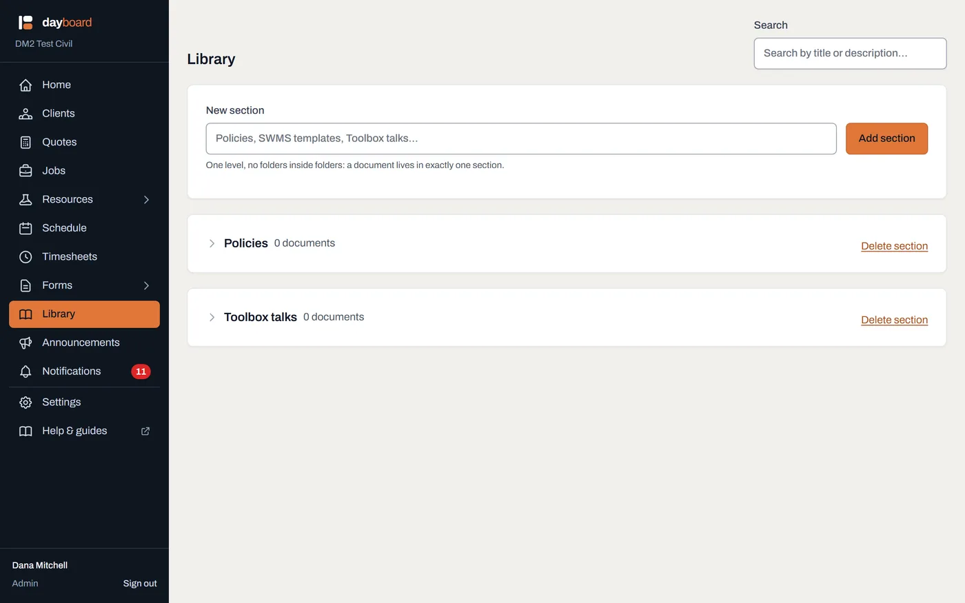 The Library page: a section with its upload box, the search field at the top, and the New section form