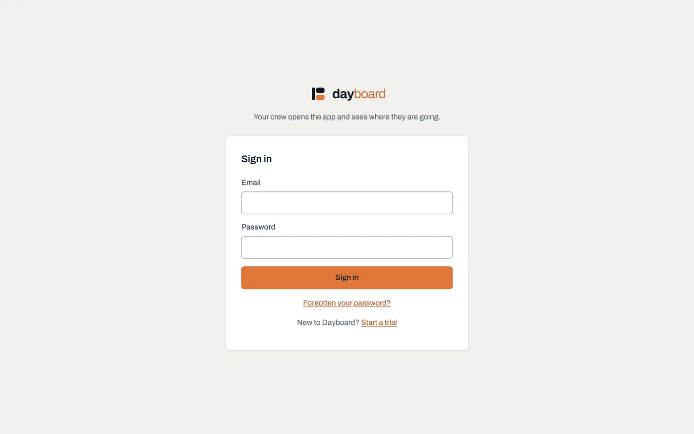 The Dayboard sign-in screen with email and password fields