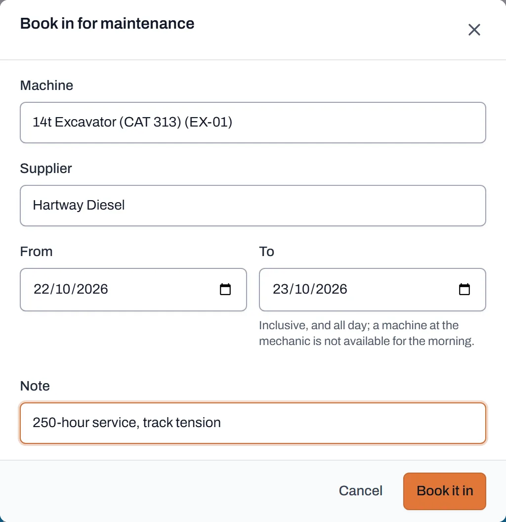 The Book in for maintenance dialog with a machine, a supplier, two days and a note filled in