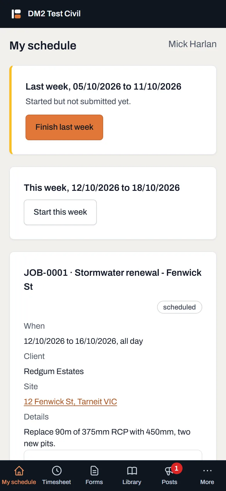 My schedule on a phone showing a field worker's bookings for the week