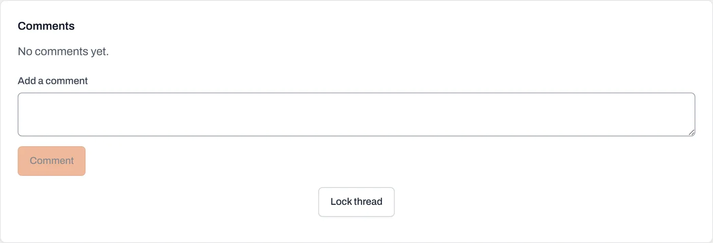 The Comments panel on an announcement: the thread, the Add a comment box, and the Lock thread button
