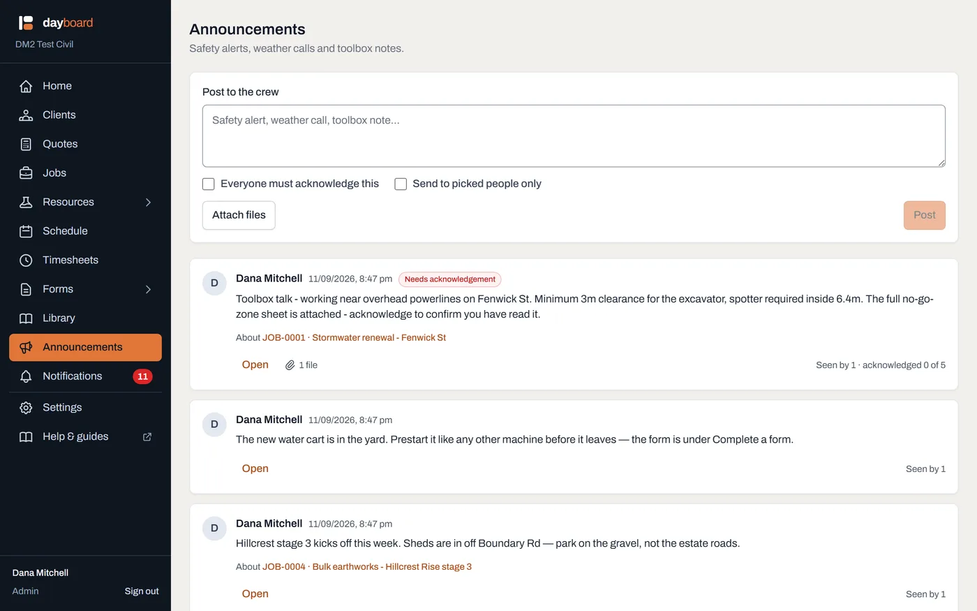 The Announcements feed, with Seen by and acknowledged counts in the corner of a post thatrequires acknowledgement