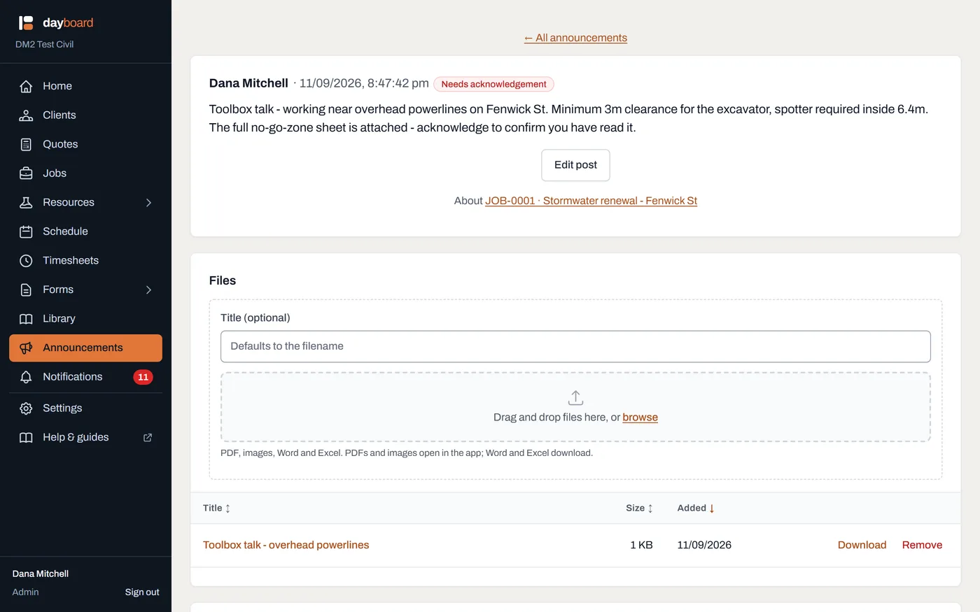 An announcement's full page, with the acknowledgement trail and comment thread that survive deletion