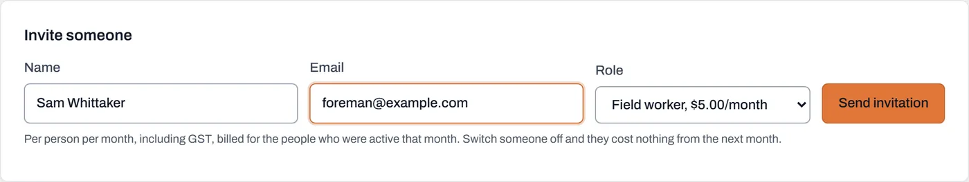 The Invite someone form on the Users page: name, email, and a role dropdown showing the price beside each role