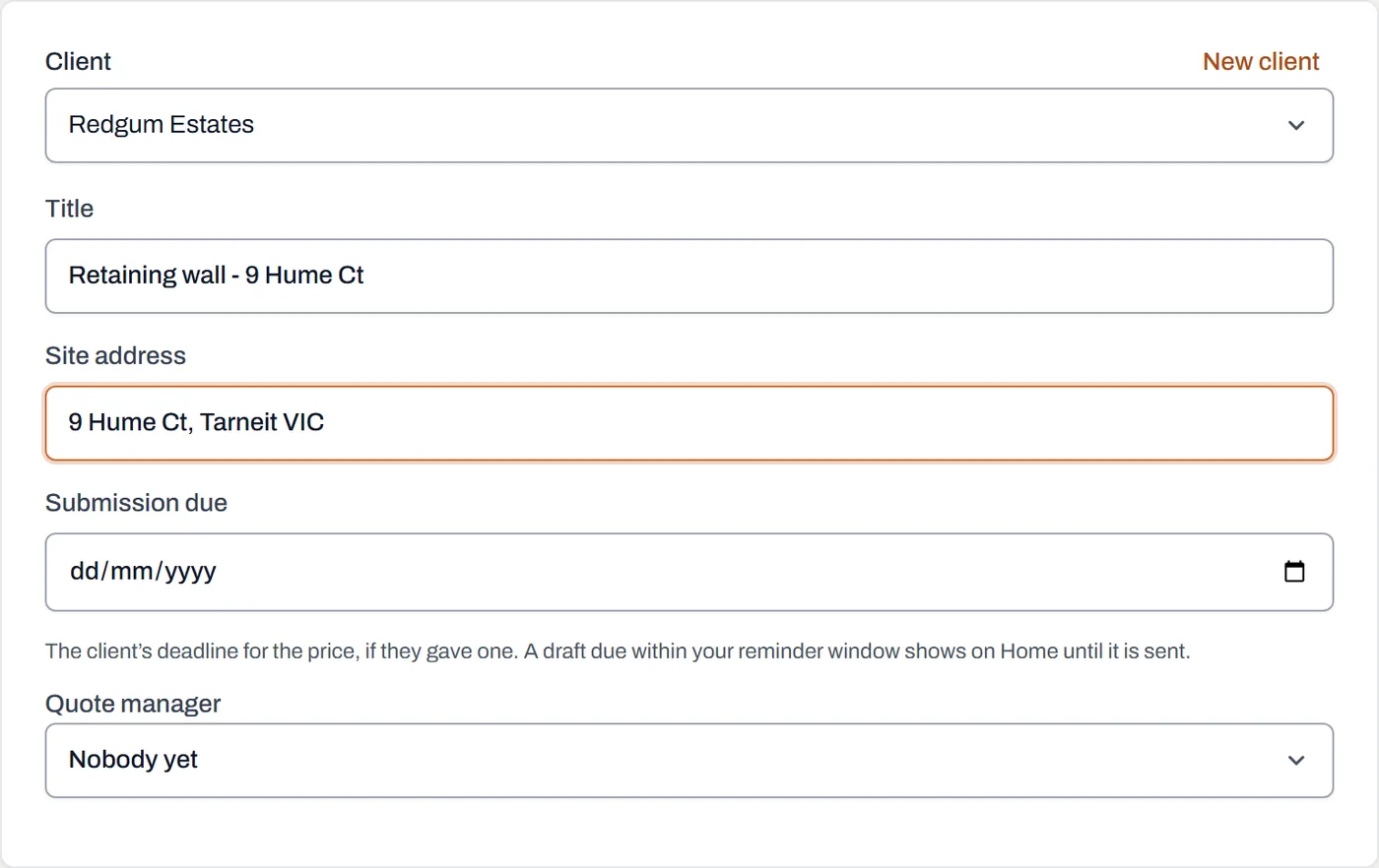 The New quote form filled in with a client, a title and a site address
