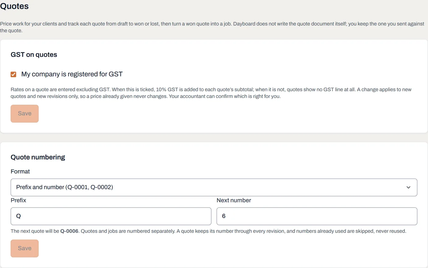 Settings, Quotes, with the GST setting and quote numbering