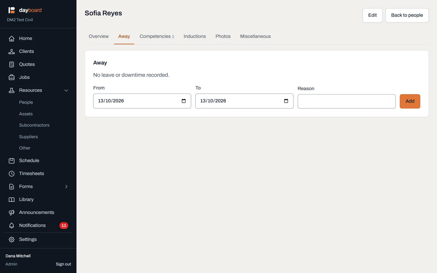 A person's resource page: status buttons at the top, then the Away panel with its dates-and-reason table