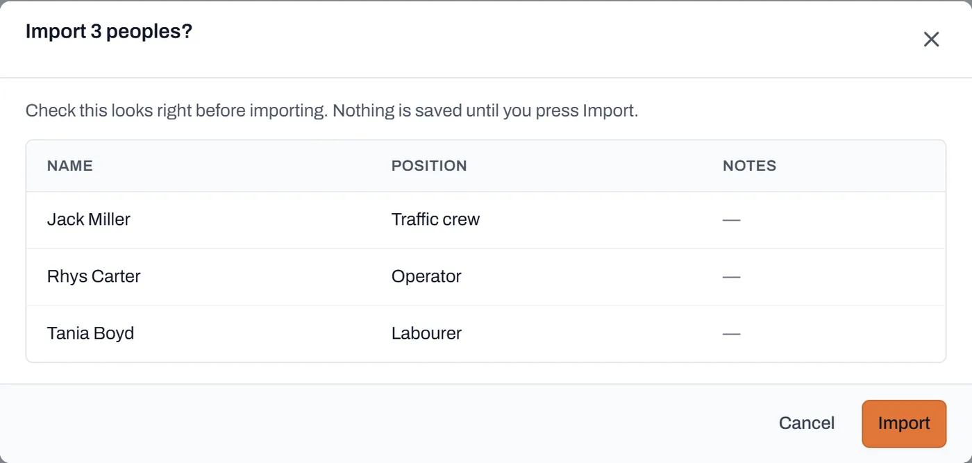 The CSV import preview dialog listing the rows about to be imported, with Cancel and Import buttons
