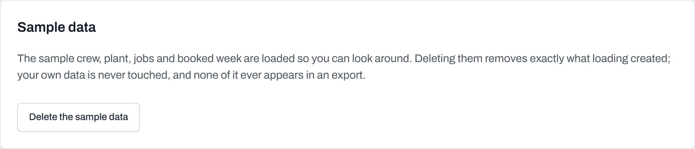 The Sample data panel on Home, explaining that deleting removes exactly what loading created