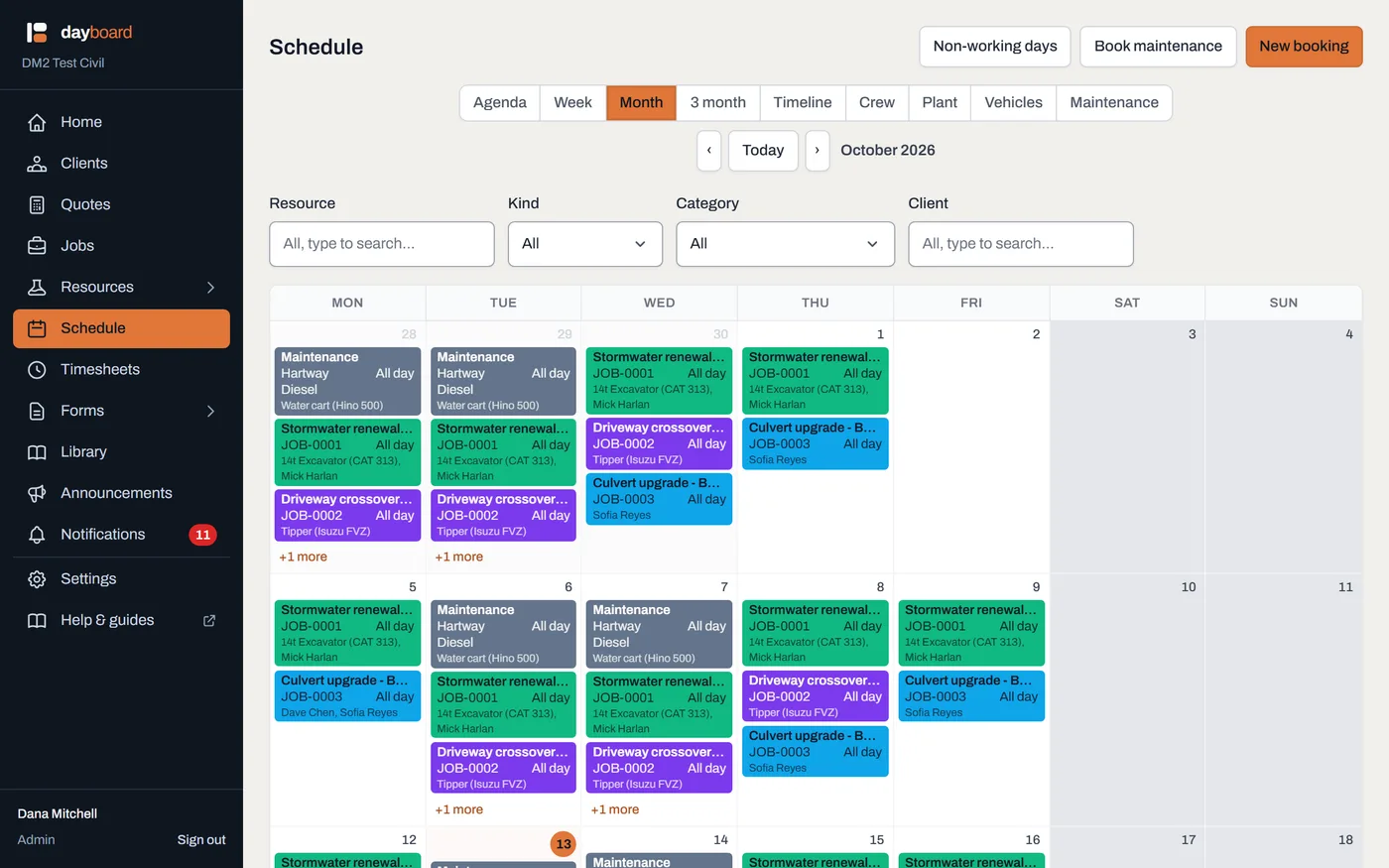 The Dayboard schedule in Month view, with jobs booked across a fortnight in different colours