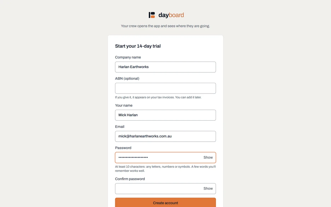 The Dayboard signup form: company name, your name, email and a password, with a Create account button