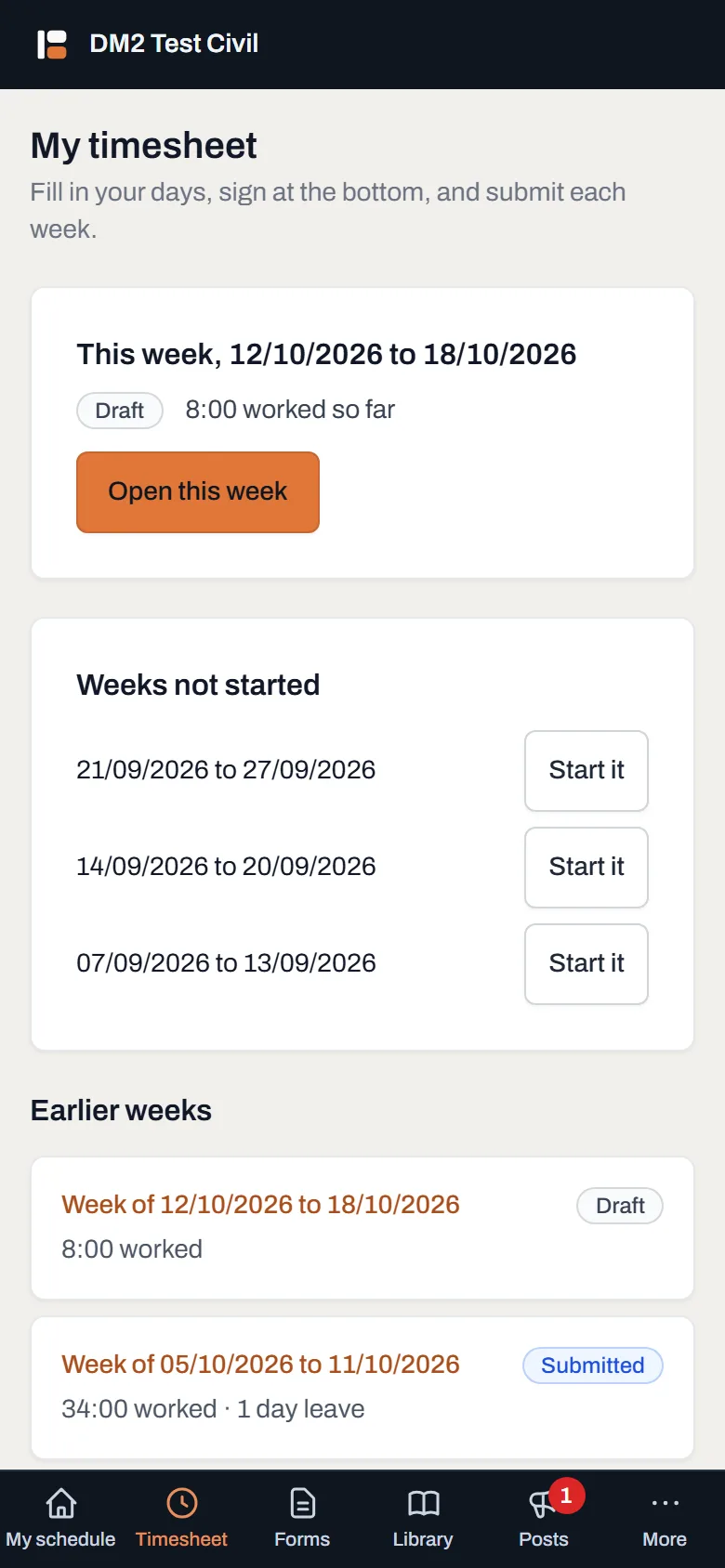 My timesheet on a phone: this week open as a draft, with earlier weeks underneath