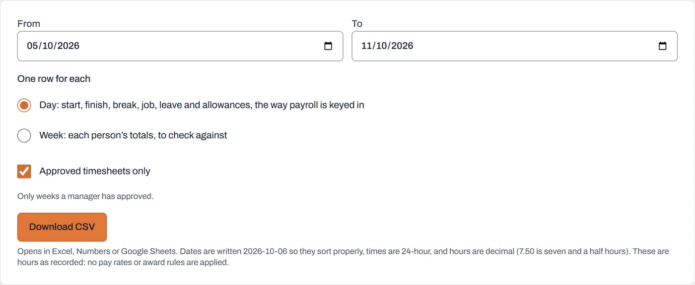 The Export timesheets page: from and to dates, one row per day or per week, and approved timesheets only