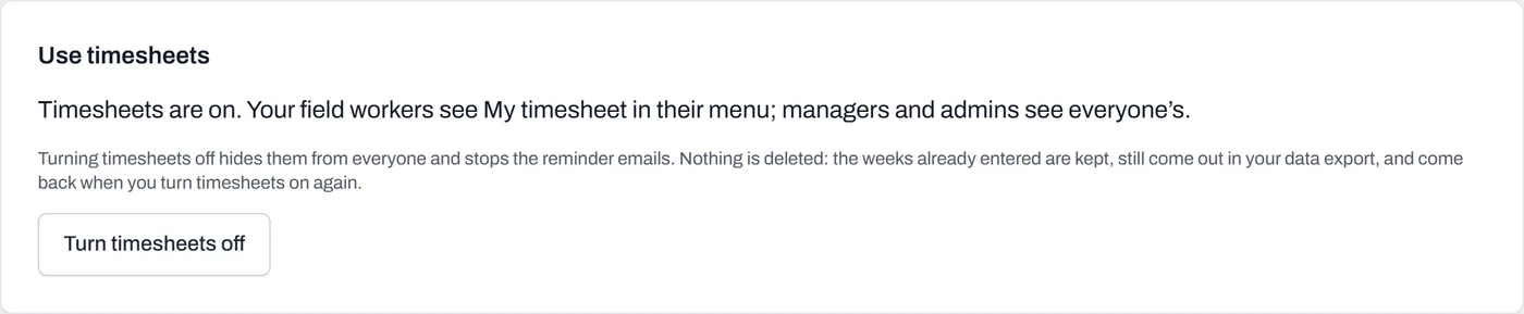 Settings, Timesheets, with timesheets switched on